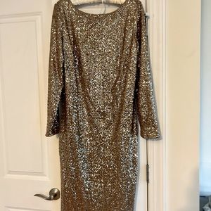 Gold Sequin Long Sleeve Sheath Dress with low back.